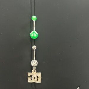 Two Belly Button Rings - Neon Green & White Peace Sign, DC Shoes & Rhinestones
